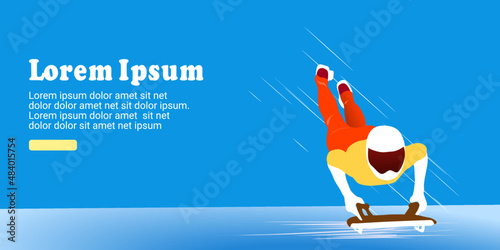 UI design of an abstract man riding a two-strip sled on an ice chute on an abstract blue background. skeleton