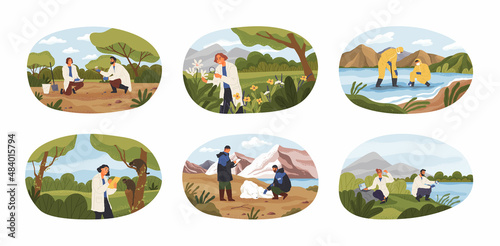 Ecologists scientists taking care of Earth and nature concept. Researchers taking care of ecology and environment. Air, soil and water protection. Professional ecological activist scenes set