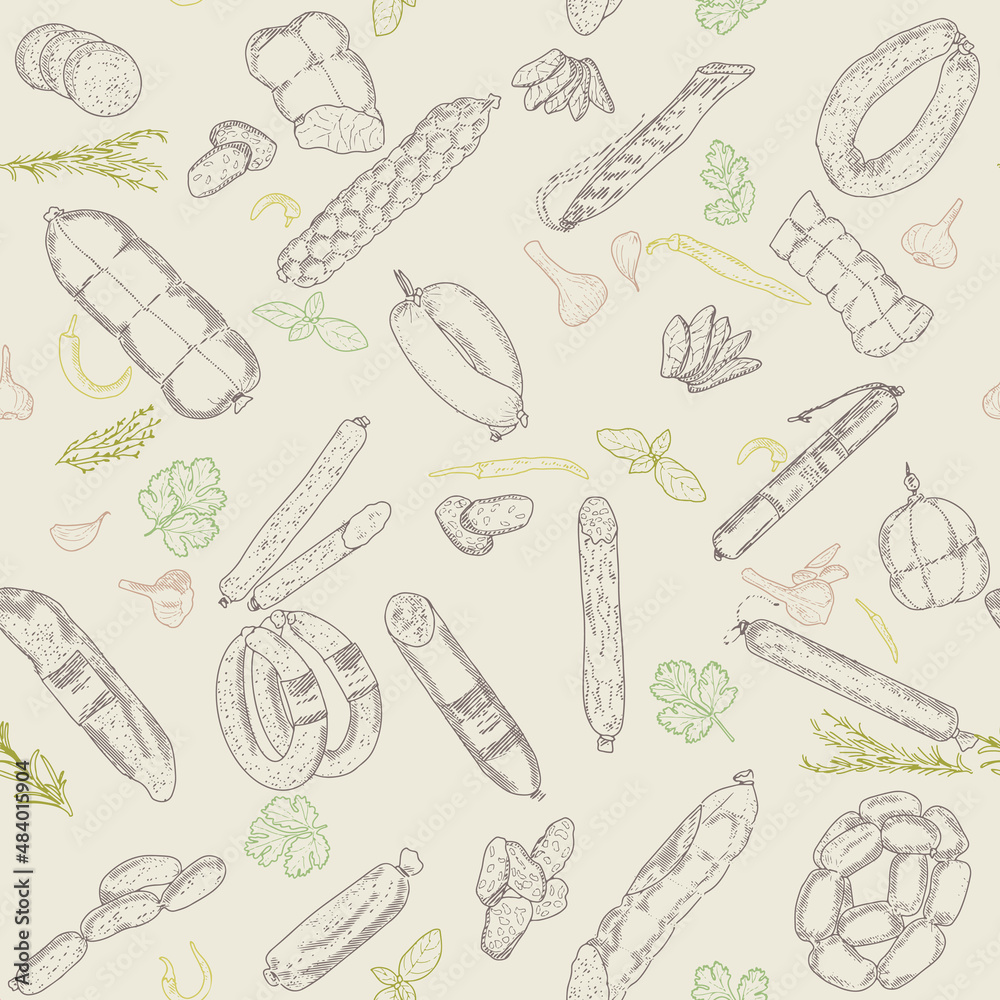 Seamless pattern of meat products and meat delicacies. Sausages, ham, bacon, lard, salami in sketch style. Seamless pattern of meat products and meat delicacies. Sausages, ham, bacon, lard, salami in sketch style.