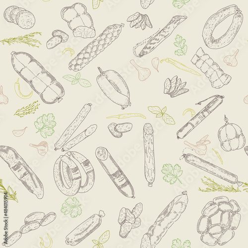 Seamless pattern of meat products and meat delicacies. Sausages, ham, bacon, lard, salami in sketch style.