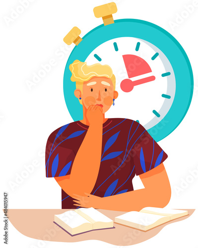 Time management illustration of woman reading books sitting at table near big clock, on background of stopwatch. Student studies at home independently with educational literature controls time