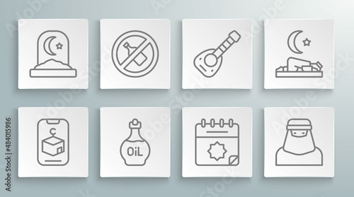 Set line Star and crescent, No alcohol, Essential oil bottle, Ramadan calendar, Muslim woman in niqab, Lute, prays and cemetery icon. Vector