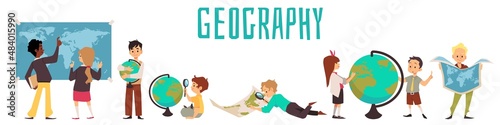 Geography class banner with kids studying the globe and world map, flat vector illustration on white background.