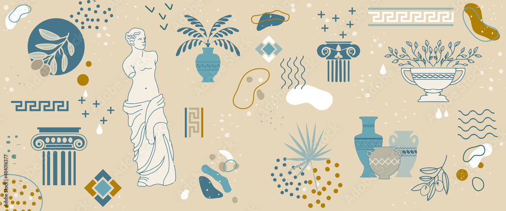 Naklejka premium A set of antique ancient Greek statues, jugs, amphorae, vases and column capitals. Vector abstract background with elements of Greek ornament.