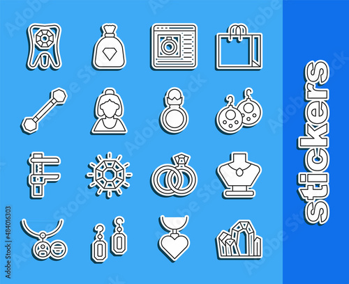 Set line Gem stone, Necklace mannequin, Earrings, Jewelry online shopping, Consultant of jewelry store, Piercing, Tooth with diamond and Diamond engagement icon. Vector