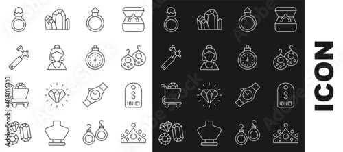 Set line King crown, Price tag with dollar, Earrings, Diamond engagement, Consultant of jewelry store, Jewelers lupe, and Pocket watch icon. Vector