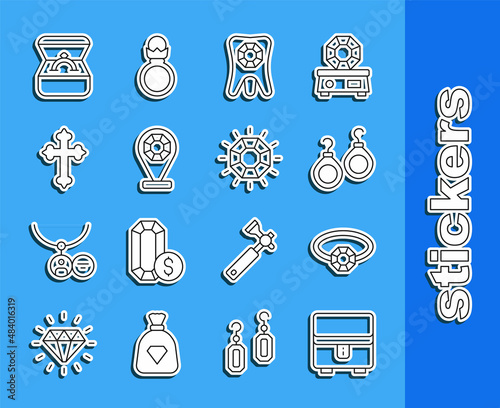 Set line Jewelry box, Diamond engagement ring, Earrings, Tooth with diamond, store, Christian cross, and icon. Vector