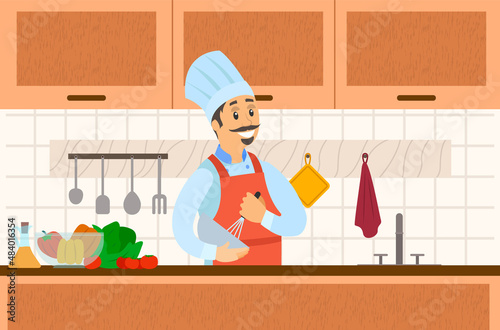 Male pastry chef holding bowl and whisk. Smiling man in apron preparing dessert near food, products icons. Confectioner whips ingredients for dish. Chef works with kitchen equipment to prepare food