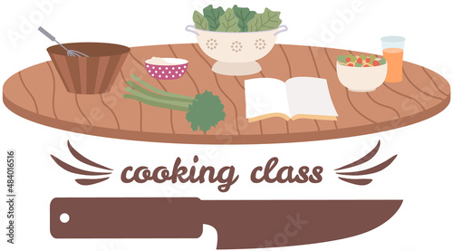 Premium cooking class design elements. Kitchen emblem, food studio label. Culinary school badge. Hand drawn lettering for cooking masterclass. Process of food preparation, ingredients for dish concept