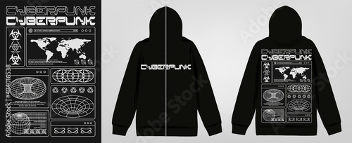 Modern poster with text "Cyberpunk", print on zip hoodie. In Techno style, stylish print for streetwear, print for t-shirts and hoodies, isolated on black background