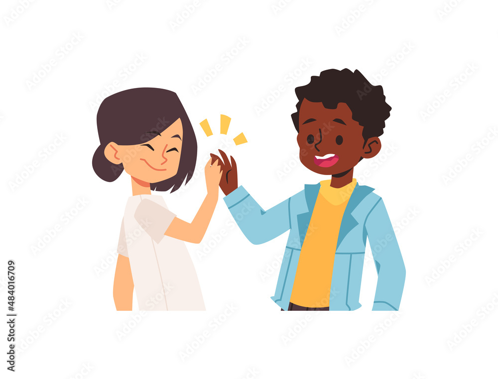 Happy children give each other high five, flat vector illustration isolated on white background. Happy children give each other high five, flat vector illustration isolated on white background.