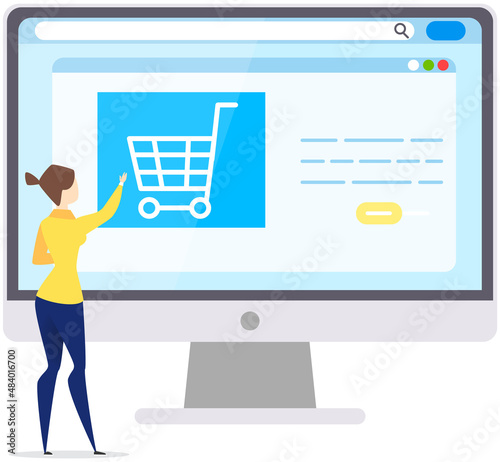 Girl with monitor orders clothes, makes purchase via internet. Online shopping using computer. Woman chooses goods on website, conducts payment, pays by card. Program for online shopping on laptop