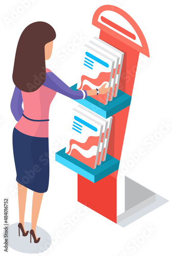 Woman looking at stand with books. Advertising company, promotion, distribution concept. Female character choosing product catalogs, magazines. Lady near books, literature exhibition on rack