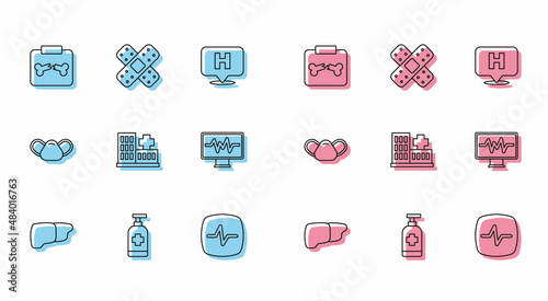 Set line Human organ liver, Antibacterial soap, X-ray shots with broken bone, Heart rate, Hospital building, Monitor cardiogram, Medical protective mask and Crossed bandage plaster icon. Vector