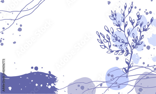 Abstract purple background in a trendy very peri palette. Minimalist leaves and plants banner with space for text