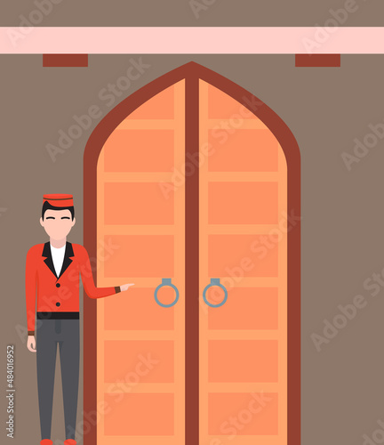 Doorman standing in front of hotel entrance doors. Young man in uniform working as belboy. Hotel employee opening doors to visitors. Male doorman near large building gates vector illustration