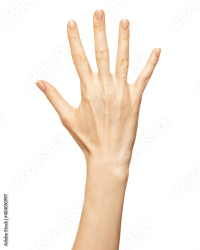 Female hand shows number sign three finger isolated on white. Beautiful woman hand with empty nails for polish