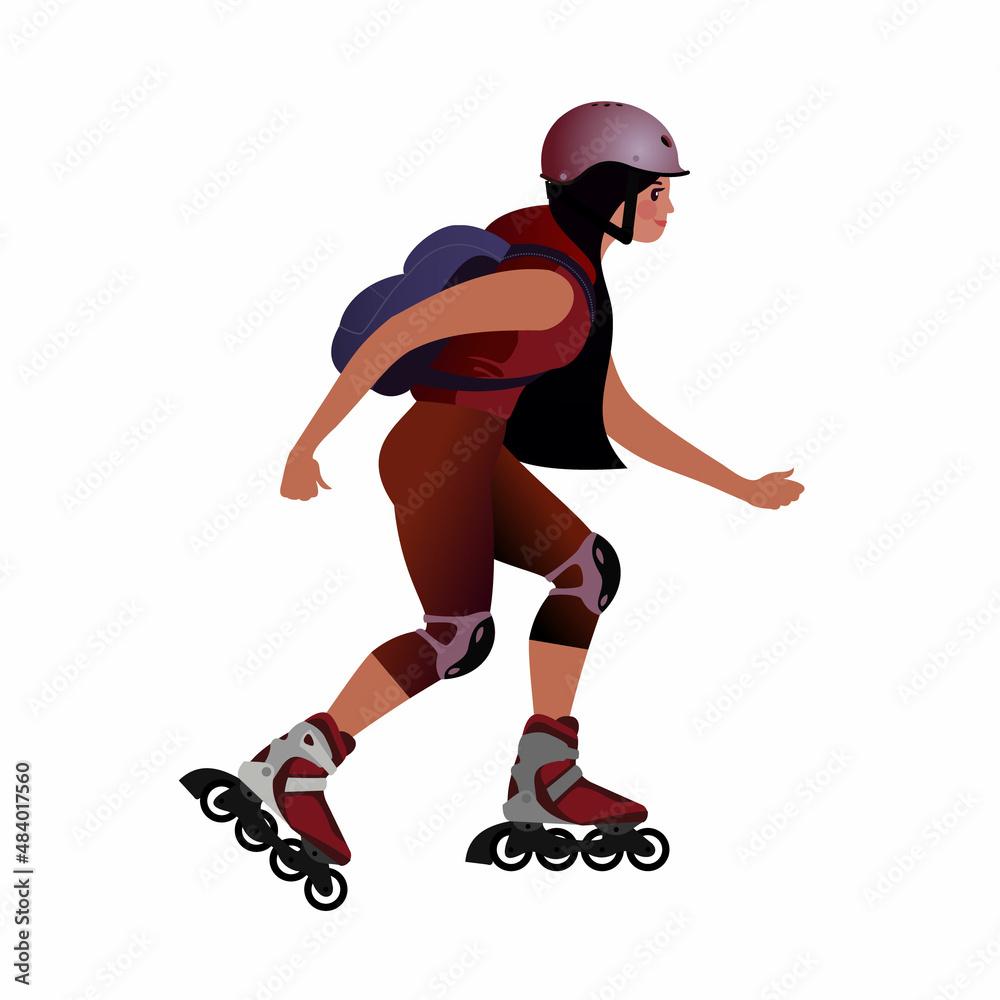 Girl in a Safety helmet with a backpack is rollerblading. Isolated Vector illustration for mockup or flat design advertising banner.