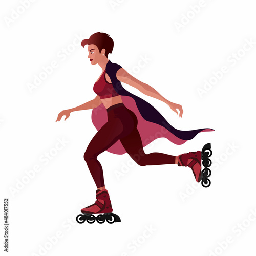 A short-haired girl in a summer dress is rollerblading. Isolated vector illustrations for advertising banner layout or flat design