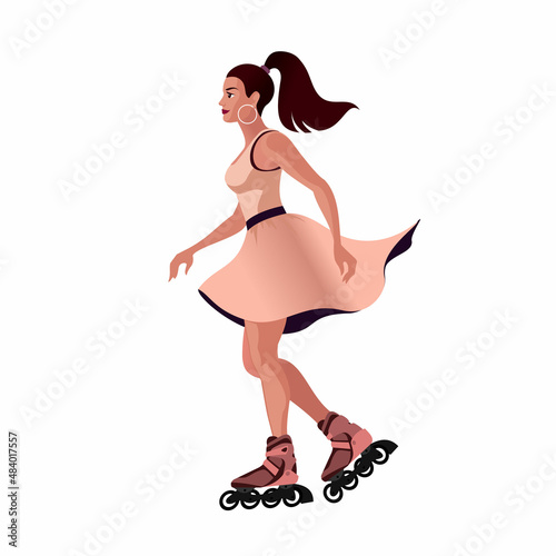 A long-haired girl in a summer dress is rollerblading. Isolated vector illustrations for advertising banner layout or flat design.