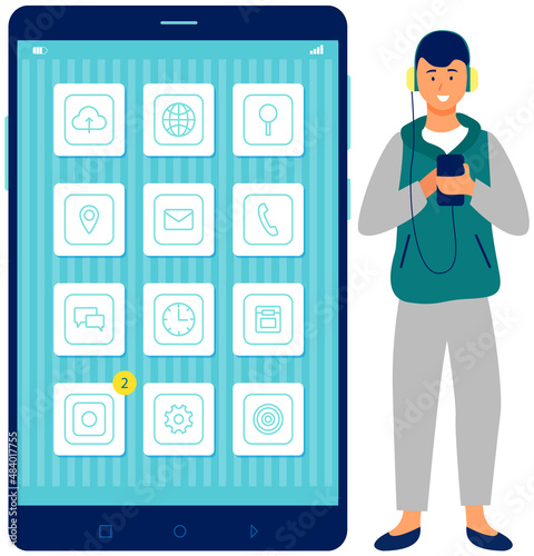 Young teen boy listening to his favorite music through mobile app. Application for listening to songs online. Music player on smartphone screen. Male character in headphones connected to phone