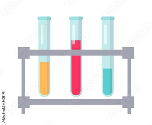 Glass test tubes on a lab rack with multicolored liquid. Laboratory concept. Laboratory stand with glassware row and chemical liquids, essences. Chemistry experiment. Isolated flat vector illustration © Julia