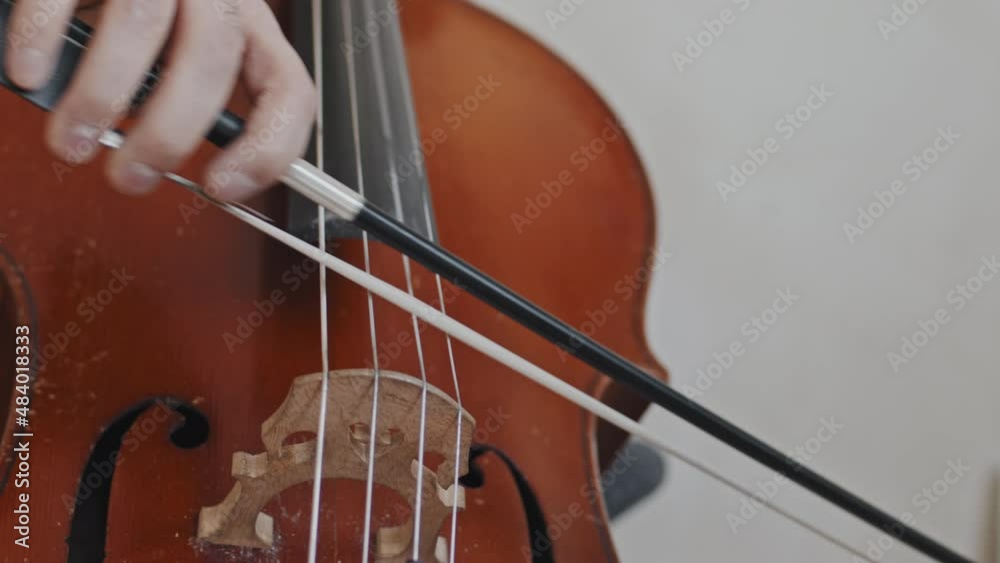 Close-up of unrecognizable musician playing double bass with bow indoors at daytime Close-up of unrecognizable musician playing double bass with bow indoors at daytime