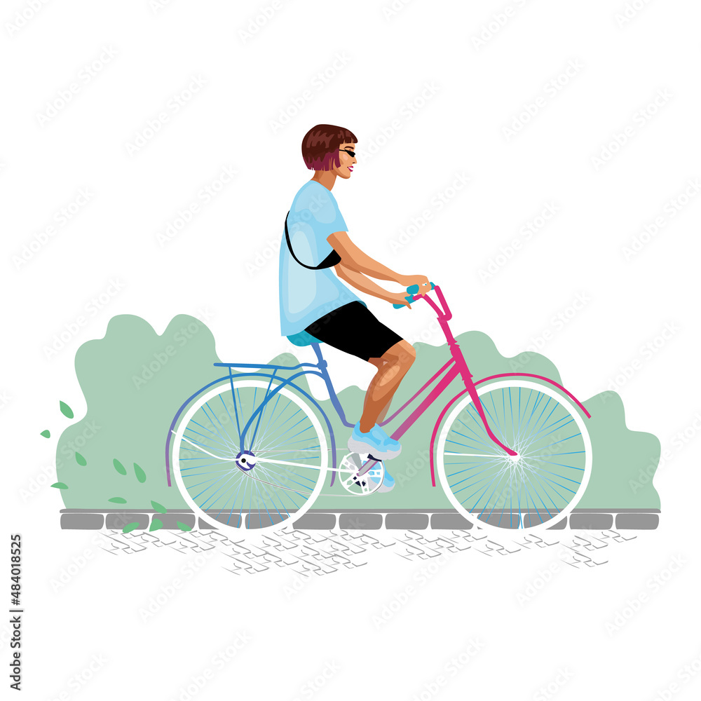 Fototapeta premium Young girl riding a bicycle with a fashion closes, vector, illustration by hand