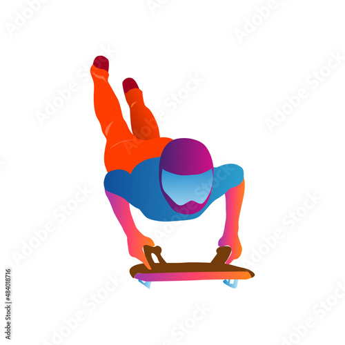Cartoon illustration of an abstract man riding a two-strip sled on an ice chute on blue background. skeleton