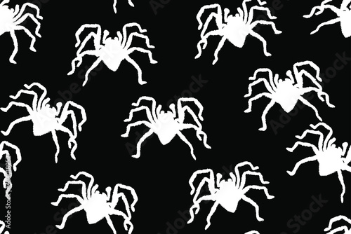 Vector seamless pattern of white tarantula spiders on black background.