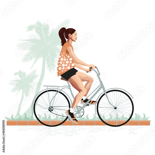 Bicycle on the road  a young girl with long hair rides a bicycle against the backdrop of palm trees. Vector illustration by hand