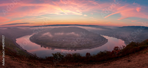 Sunrise on the Rhine loop near Boppard as a panorama. Streaked with fog.