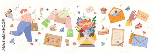 Spring is in the air. Cute girl holding a bouquet of flowers. Vector stock illustration. Design for the holiday of spring, birthday.