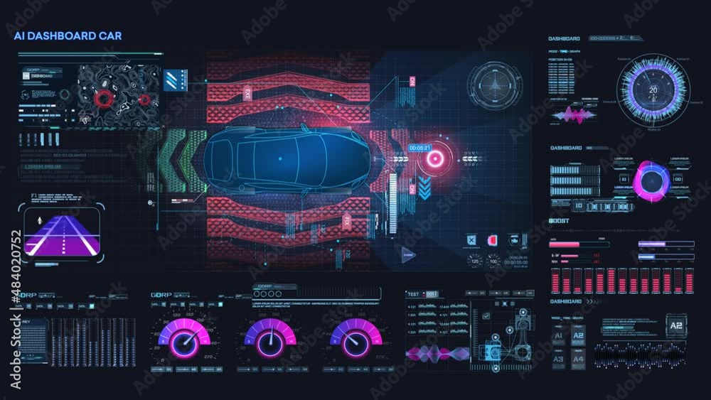 Accident prevention system. Autonomous vehicle movement. Help the driver while driving. Top view of a self-driving CAR on the road. Futuristic user interface HUD, FUI. Hologram, copy space.