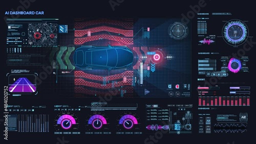 Accident prevention system. Autonomous vehicle movement. Help the driver while driving. Top view of a self-driving CAR on the road. Futuristic user interface HUD, FUI. Hologram, copy space. photo