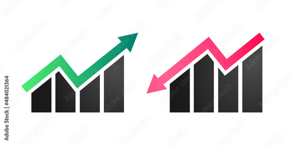 Graph going Up and Down sign with green and red arrows vector. Flat