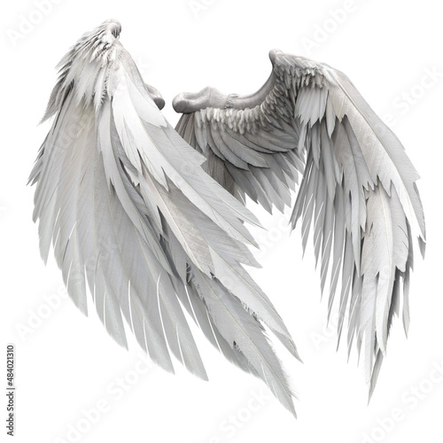 Pair of isolated white angel style wings with 3D feathers on white background, 3D Illustration, 3D Rendering