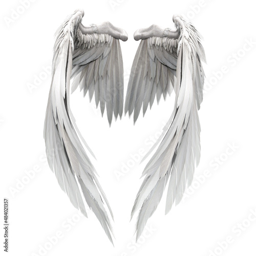 Pair of isolated white angel style wings with 3D feathers on white background, 3D Illustration, 3D Rendering