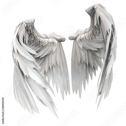 Photos Pair of isolated white angel style wings with 3D feathers on white background, 3
