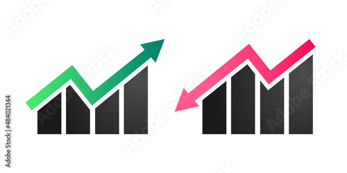 Graph going Up and Down sign with green and red arrows vector. Flat design vector illustration concept of sales bar chart symbol icon with arrow moving down and sales bar chart with arrow moving up.