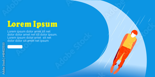 UI design of an abstract man riding a two-strip sled on an ice chute on blue background. skeleton