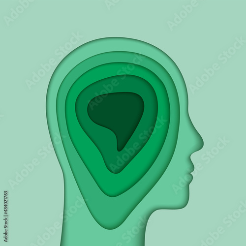 Human head and brain silhouette in paper cut art. Person and profile face outline, layered papercut with shadow as multiple layers of the mind concept.