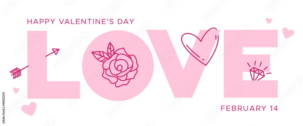 Love. Happy Valentine's day card with love lettering and doodle drawings.
Design for flyers, invitations, posters, brochures, banners. Vector illustration.
