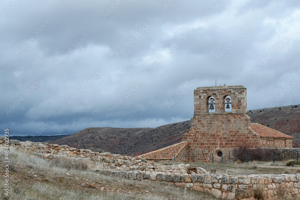Hermitage of Santa María de Tiermes is a Romanesque Catholic temple located next to the archaeological site of Tiermes, in the Spanish province of Sori. Rural Spain.