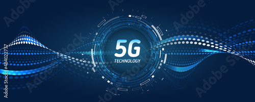 The global wireless standard concept. Hi-tech communication illustration on a blue background. 5G high-speed information transmission technology.