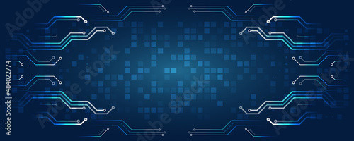 Blue background with various technological elements. Hi-tech computer digital technology concept. Abstract technology communication vector illustration