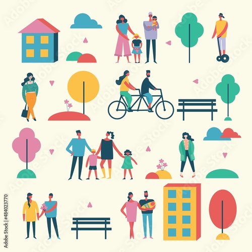 Vector illustration in flat design of group people outdoor in the park on weekend