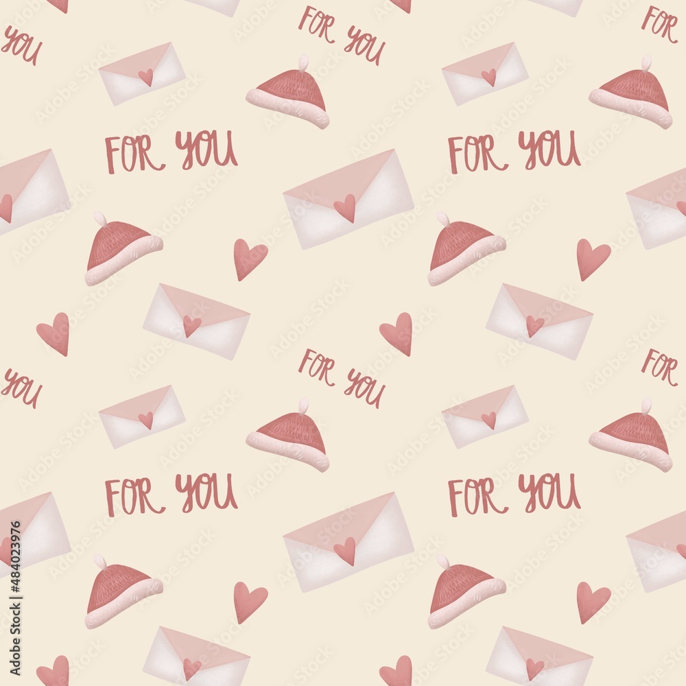 Seamless pattern with hearts, hat, letter and inscription for you for valentine's day. Cute pattern in pastel delicate colors