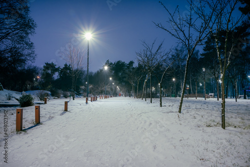 The snowy roads in the night park with lanterns in the winter. Benches in the park during the winter season at night. Illumination of a park road with lanterns at night. Snow on trees. Park Kyoto
