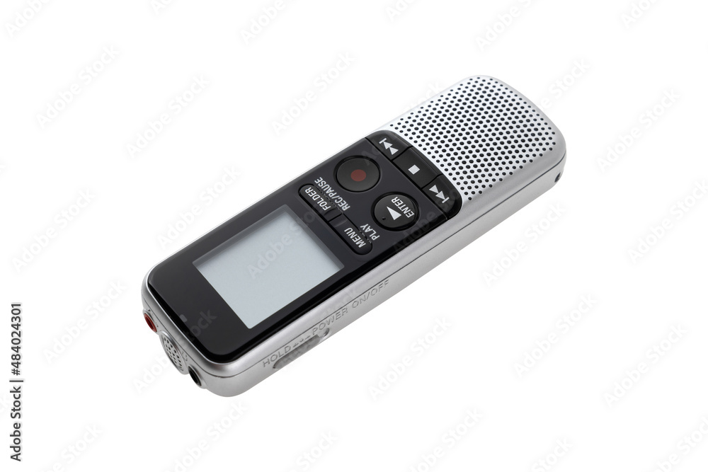 The voice recorder is isolated on a white background. Dictaphone close-up on a white background. The voice recorder is isolated on a white background. Dictaphone close-up on a white background.